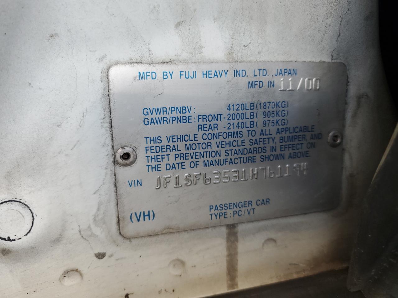 JF1SF63531H761194 2001 Subaru Forester L