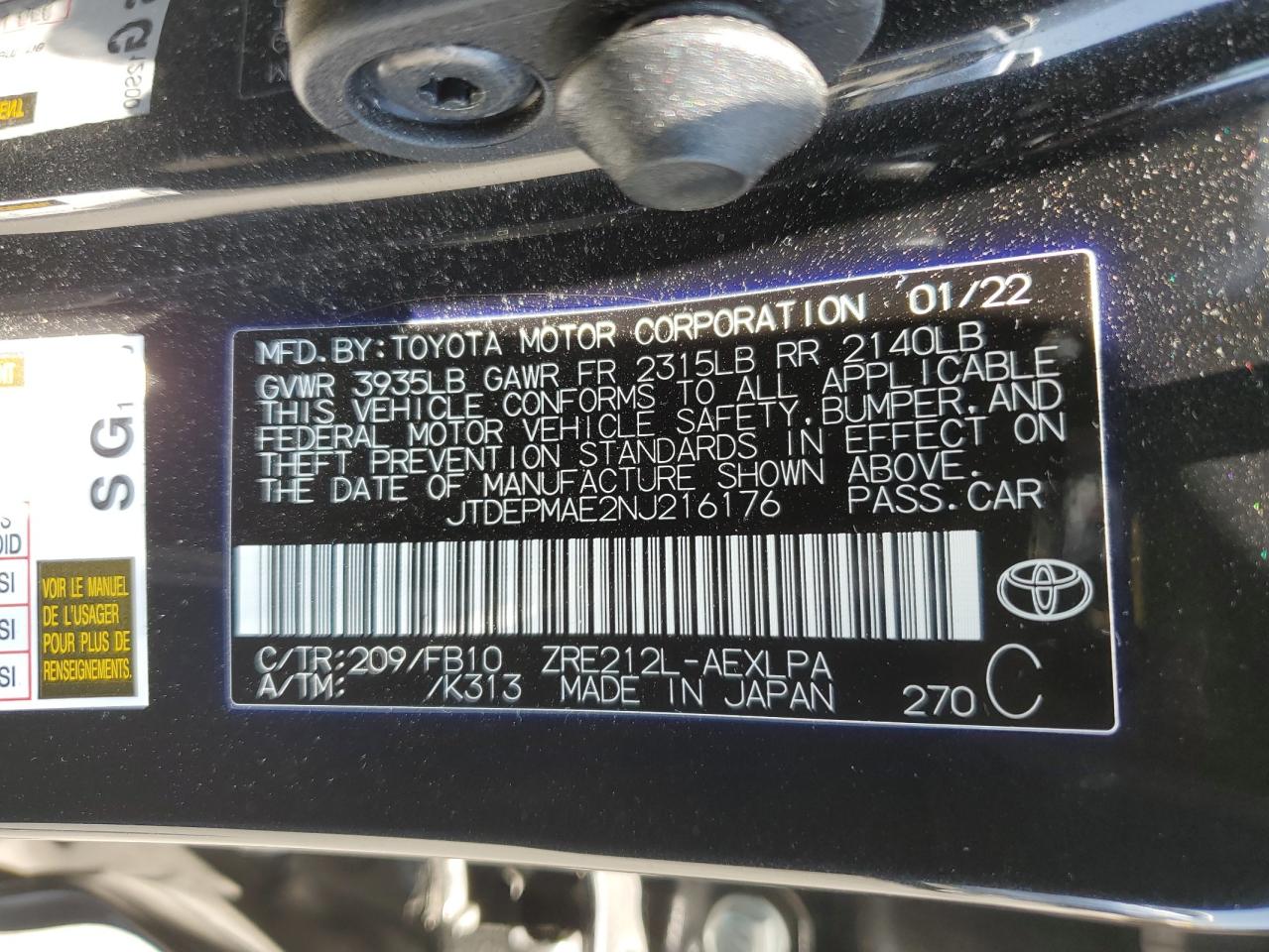 2022 Toyota Corolla Le vin: JTDEPMAE2NJ216176