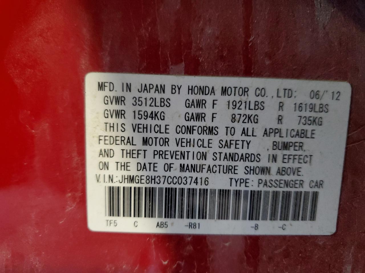 JHMGE8H37CC037416 2012 Honda Fit