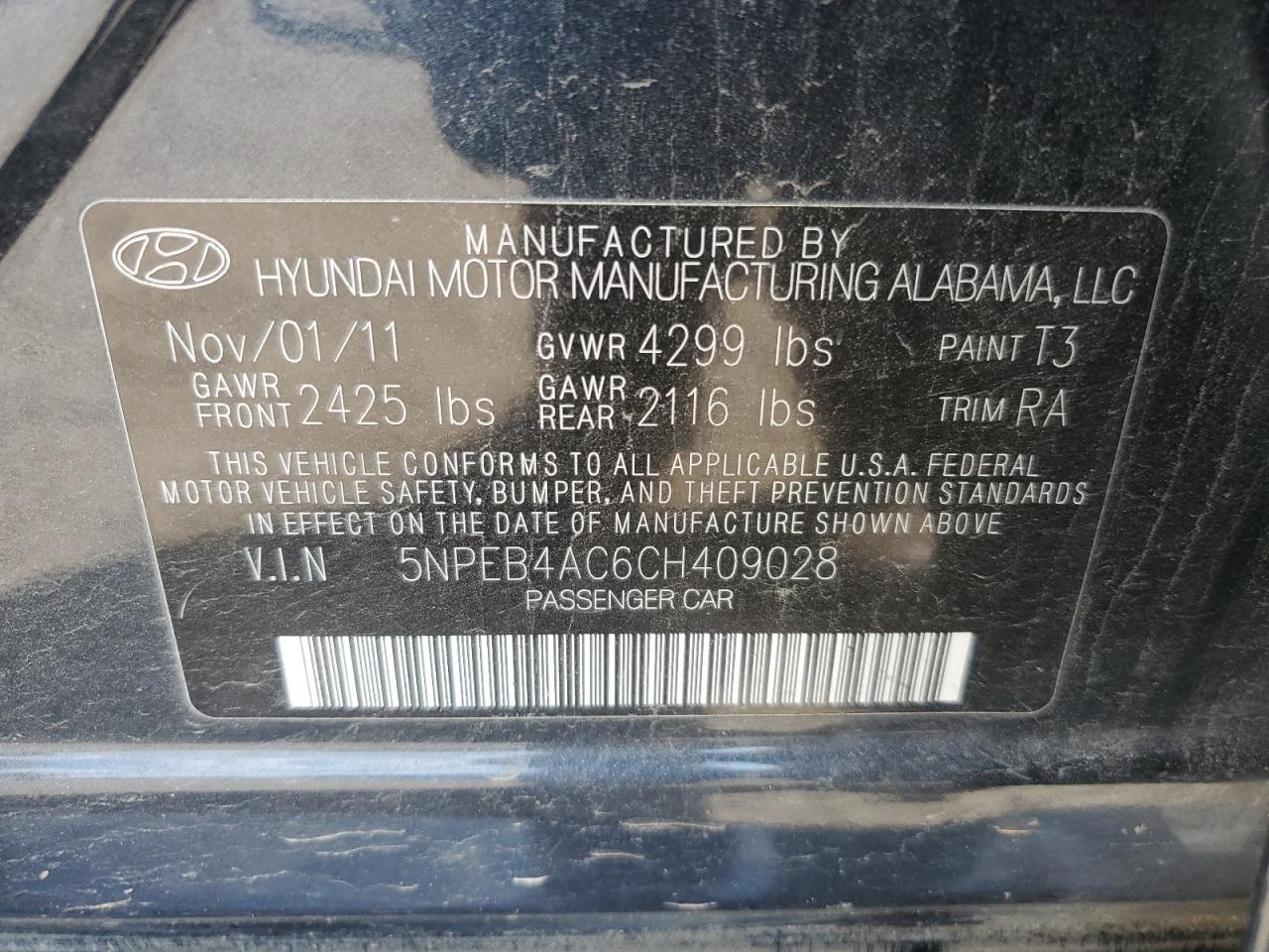 5NPEB4AC6CH409028 2012 Hyundai Sonata Gls