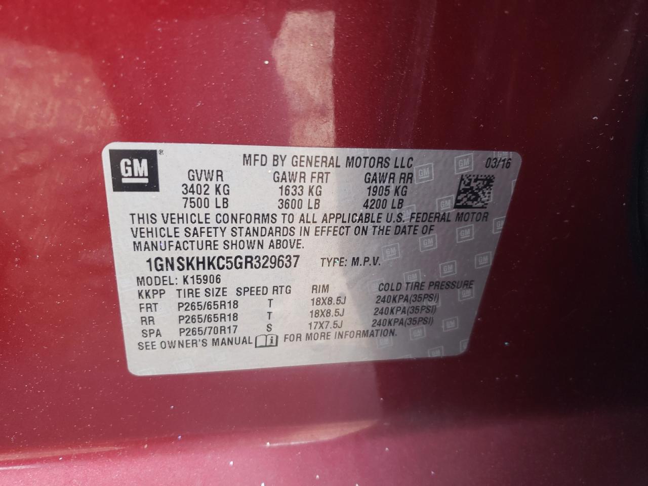 1GNSKHKC5GR329637 2016 Chevrolet Suburban K1500 Lt