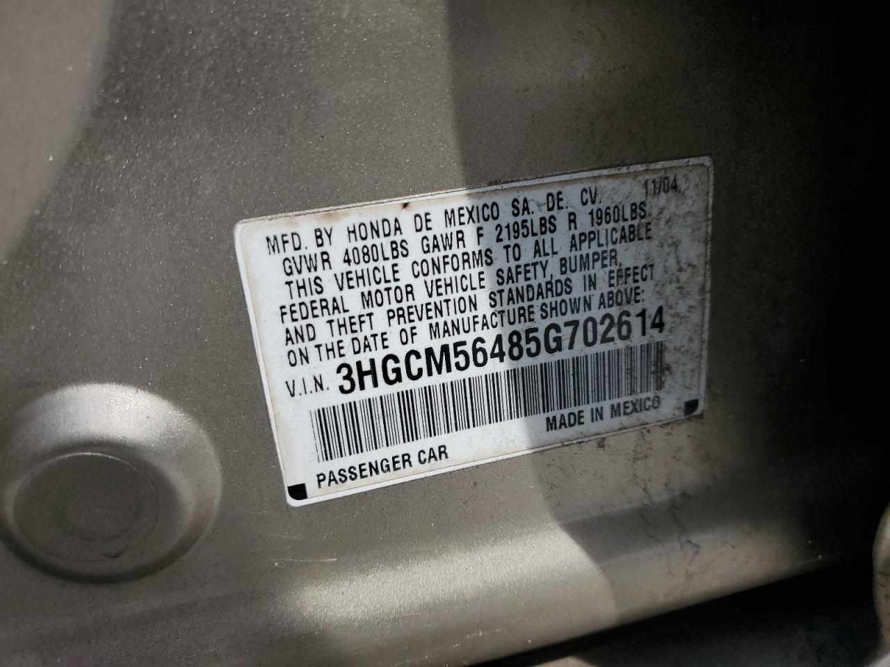 3HGCM56485G702614 2005 Honda Accord Lx