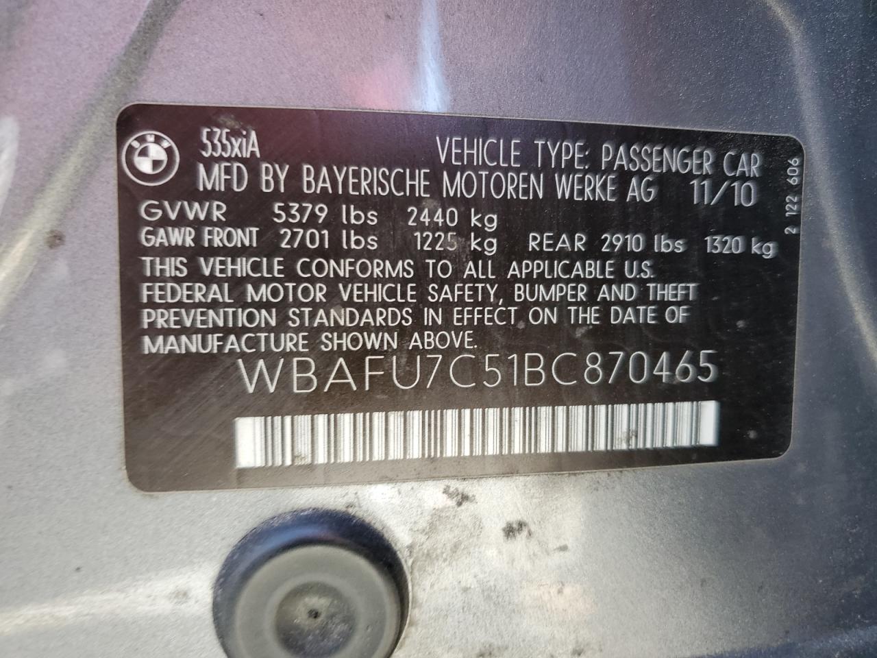 WBAFU7C51BC870465 2011 BMW 535 Xi