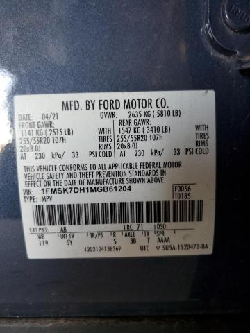 2021 Ford Explorer Xlt VIN: 1FMSK7DH1MGB61204 Lot: 59723694