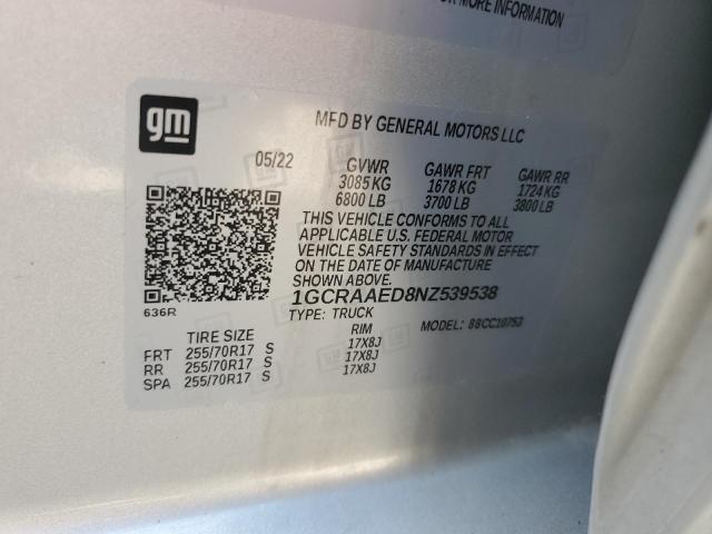 2022 Chevrolet Silverado C1500 VIN: 1GCRAAED8NZ539538 Lot: 60636754