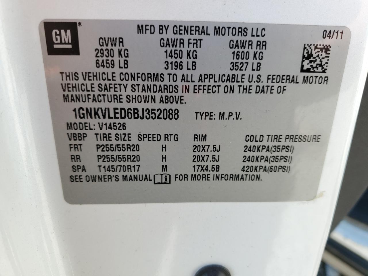 1GNKVLED6BJ352088 2011 Chevrolet Traverse Ltz