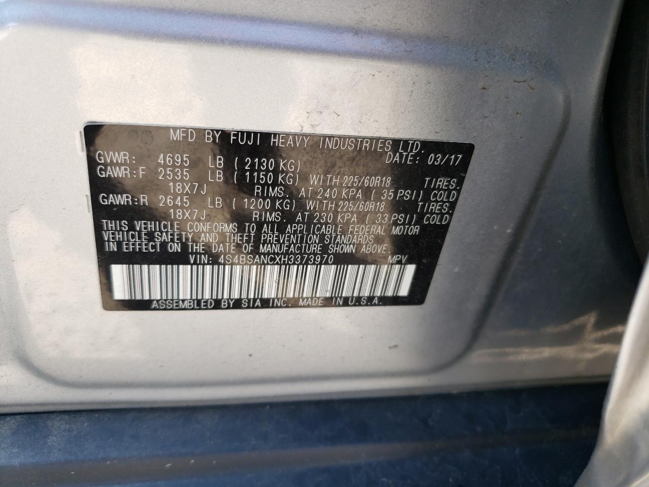 4S4BSANCXH3373970 2017 Subaru Outback 2.5I Limited