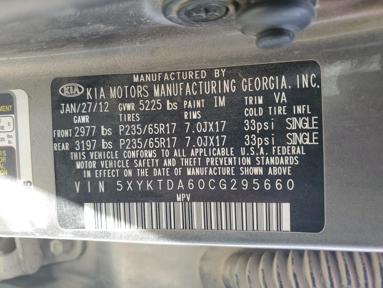 5XYKTDA60CG295660 2012 Kia Sorento Base