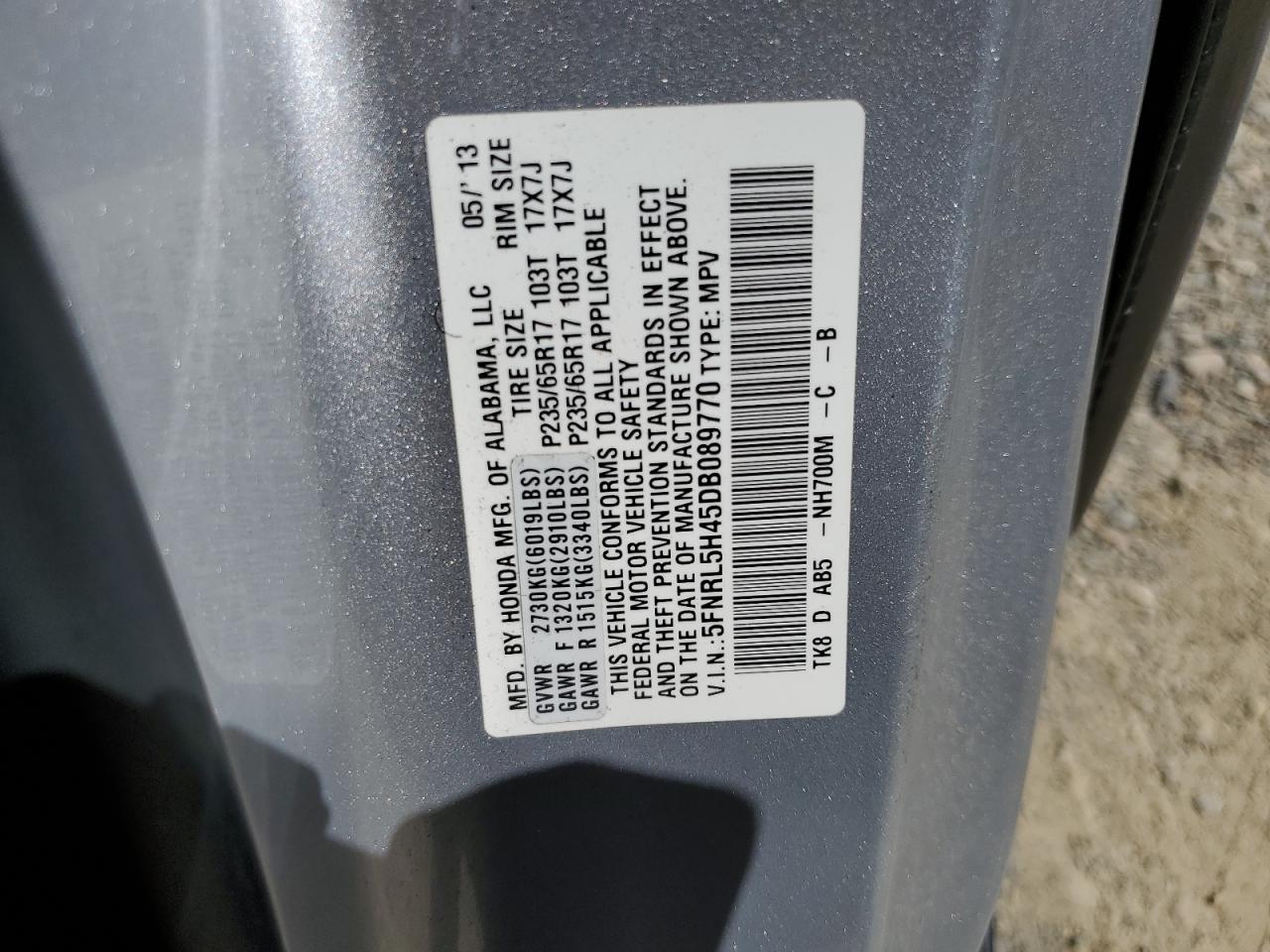 5FNRL5H45DB089770 2013 Honda Odyssey Ex