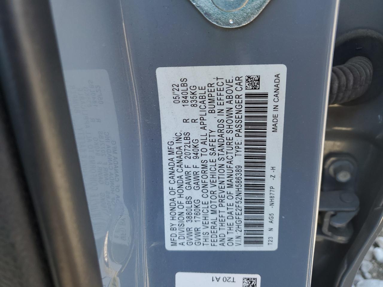 2HGFE2F52NH586389 2022 Honda Civic Sport 2HGFE2F52NH586389 2022 Honda Civic Sport
