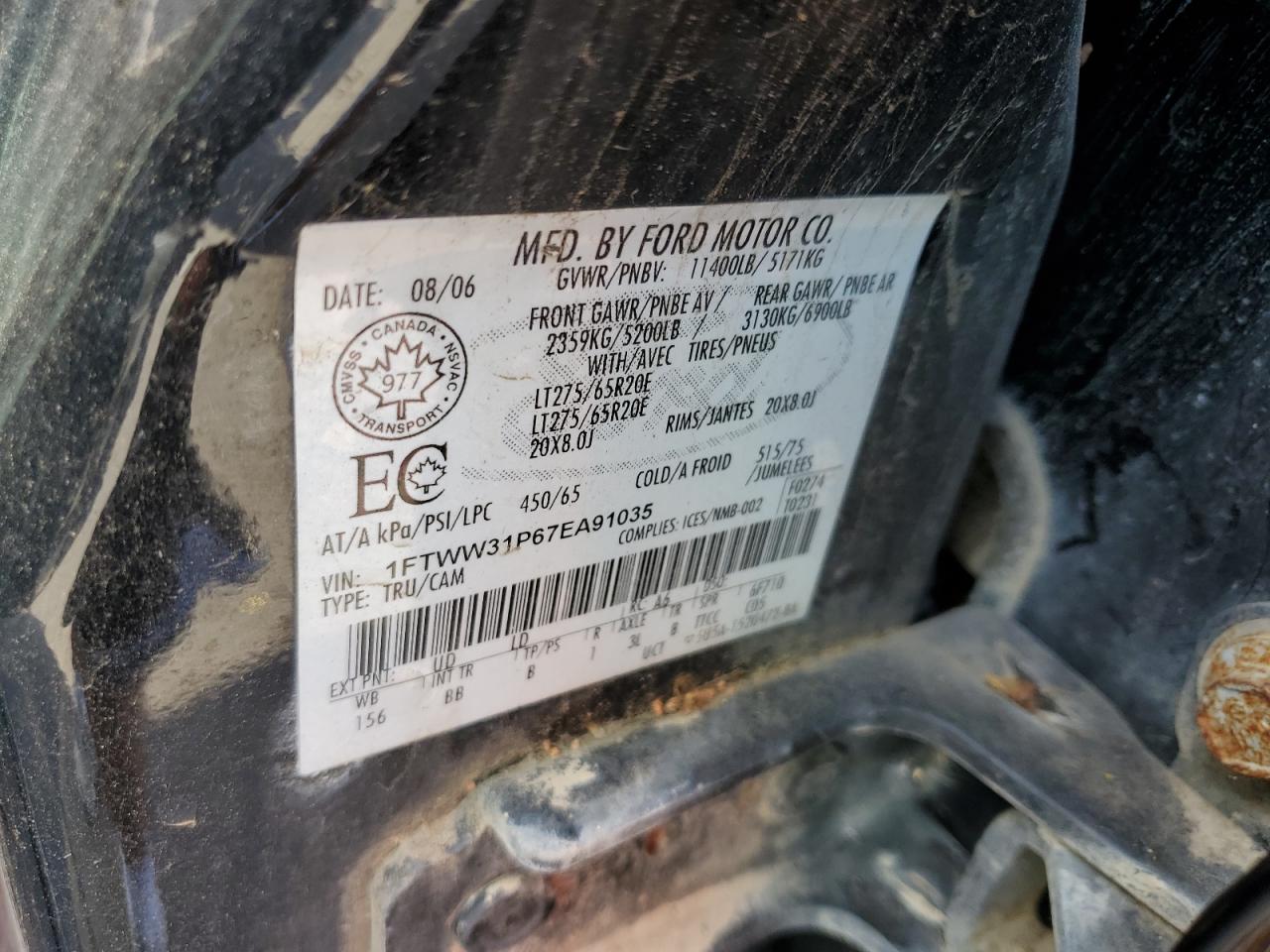 1FTWW31P67EA91035 2007 Ford F350 Srw Super Duty