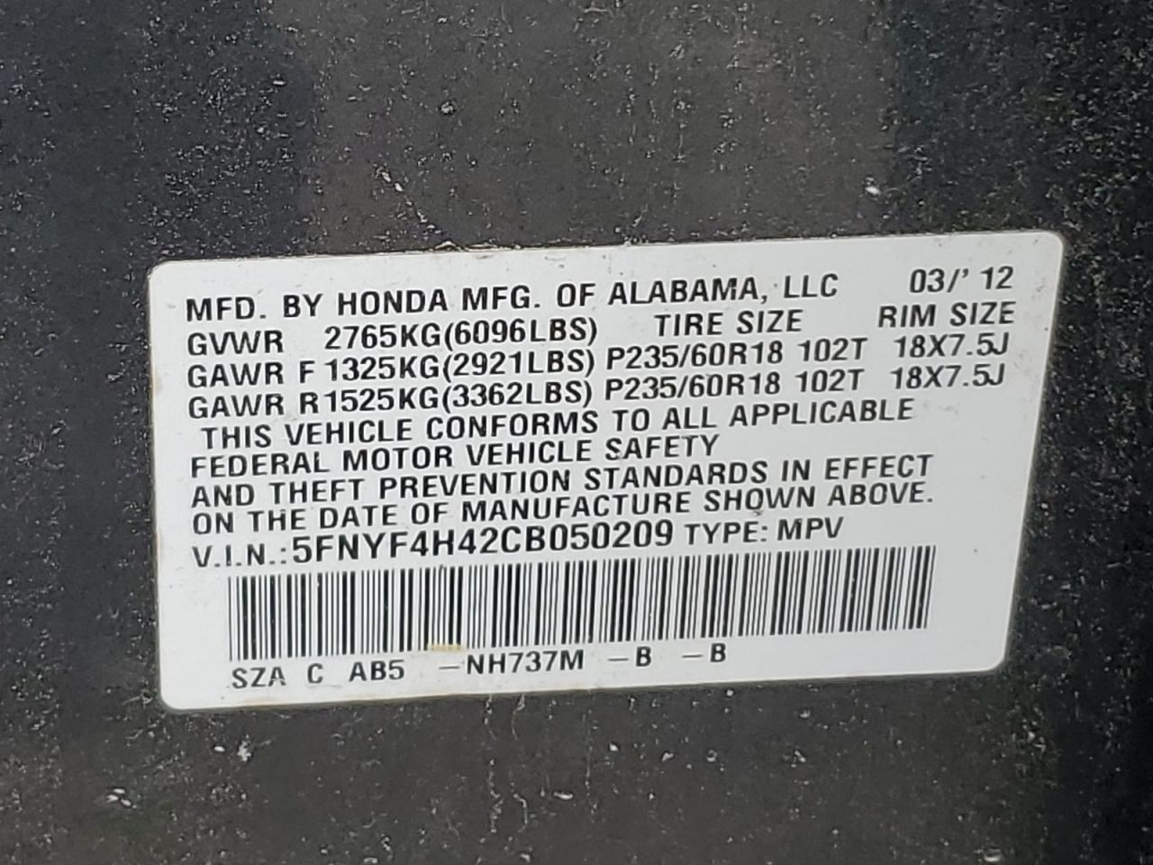 5FNYF4H42CB050209 2012 Honda Pilot Ex