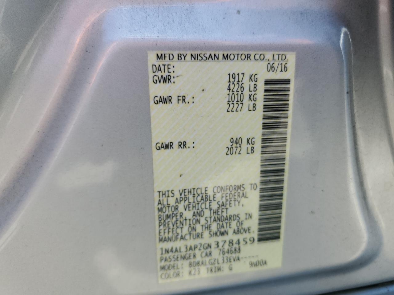 1N4AL3AP2GN378459 2016 Nissan Altima 2.5