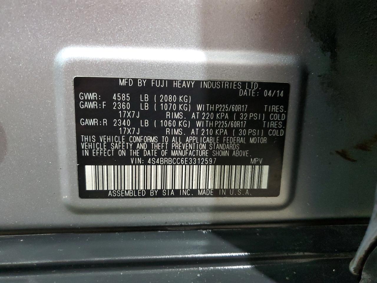 4S4BRBCC6E3312597 2014 Subaru Outback 2.5I Premium