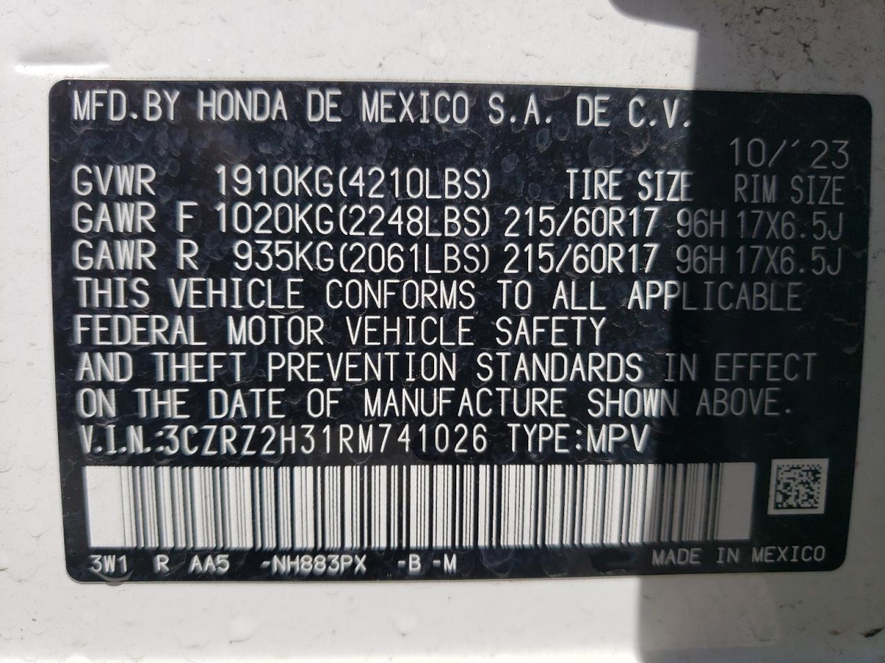 3CZRZ2H31RM741026 2024 Honda Hr-V Lx