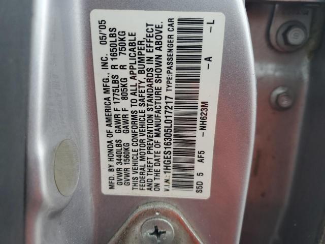 2005 Honda Civic Dx Vp VIN: 1HGES16305L017217 Lot: 57253424