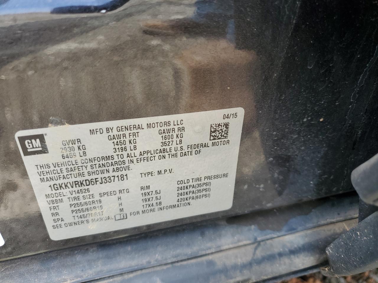 1GKKVRKD6FJ337181 2015 GMC Acadia Slt-1