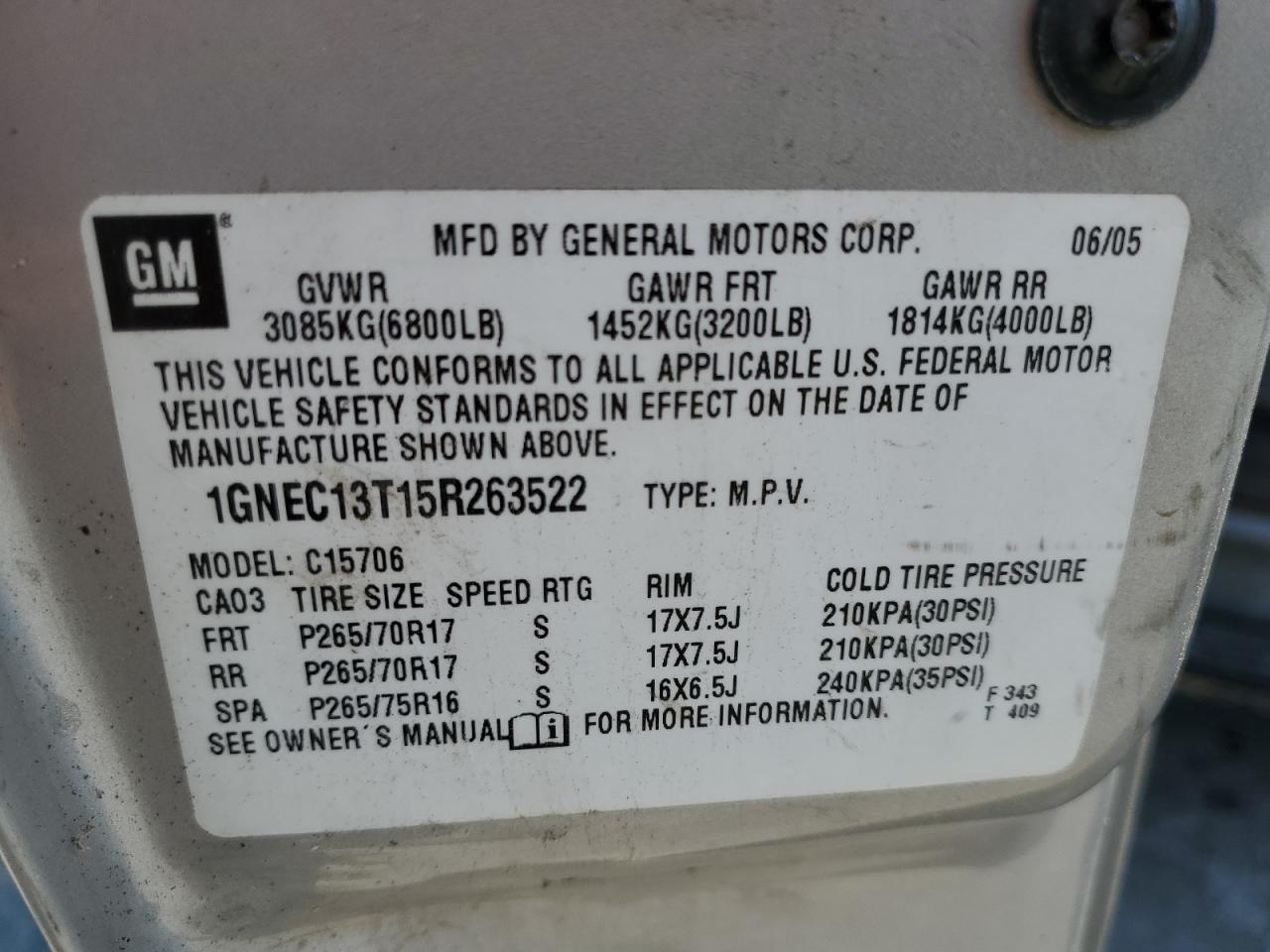 1GNEC13T15R263522 2005 Chevrolet Tahoe C1500