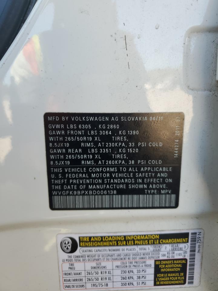WVGFK9BPXBD006138 2011 Volkswagen Touareg V6 Tdi