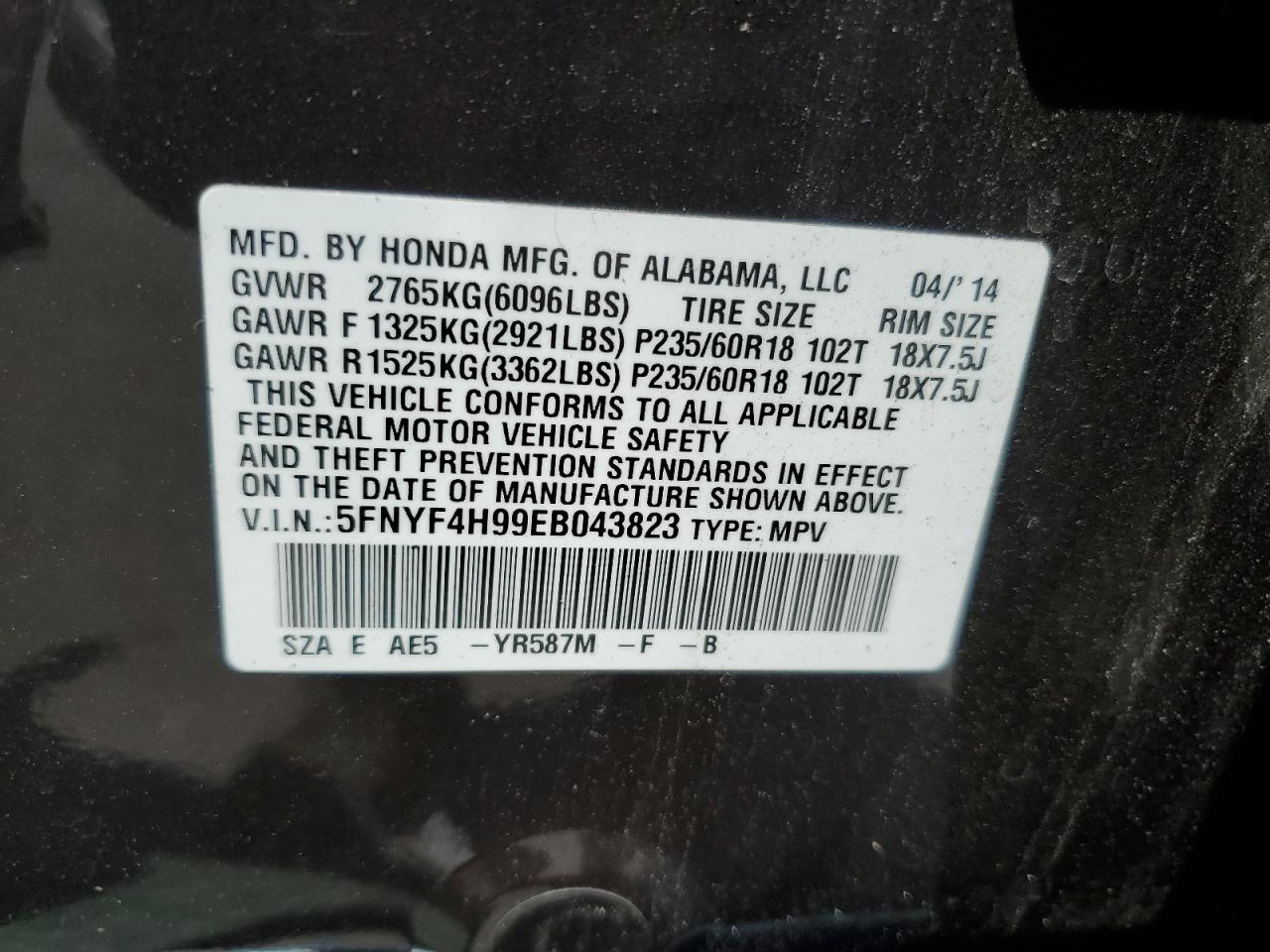 5FNYF4H99EB043823 2014 Honda Pilot Touring