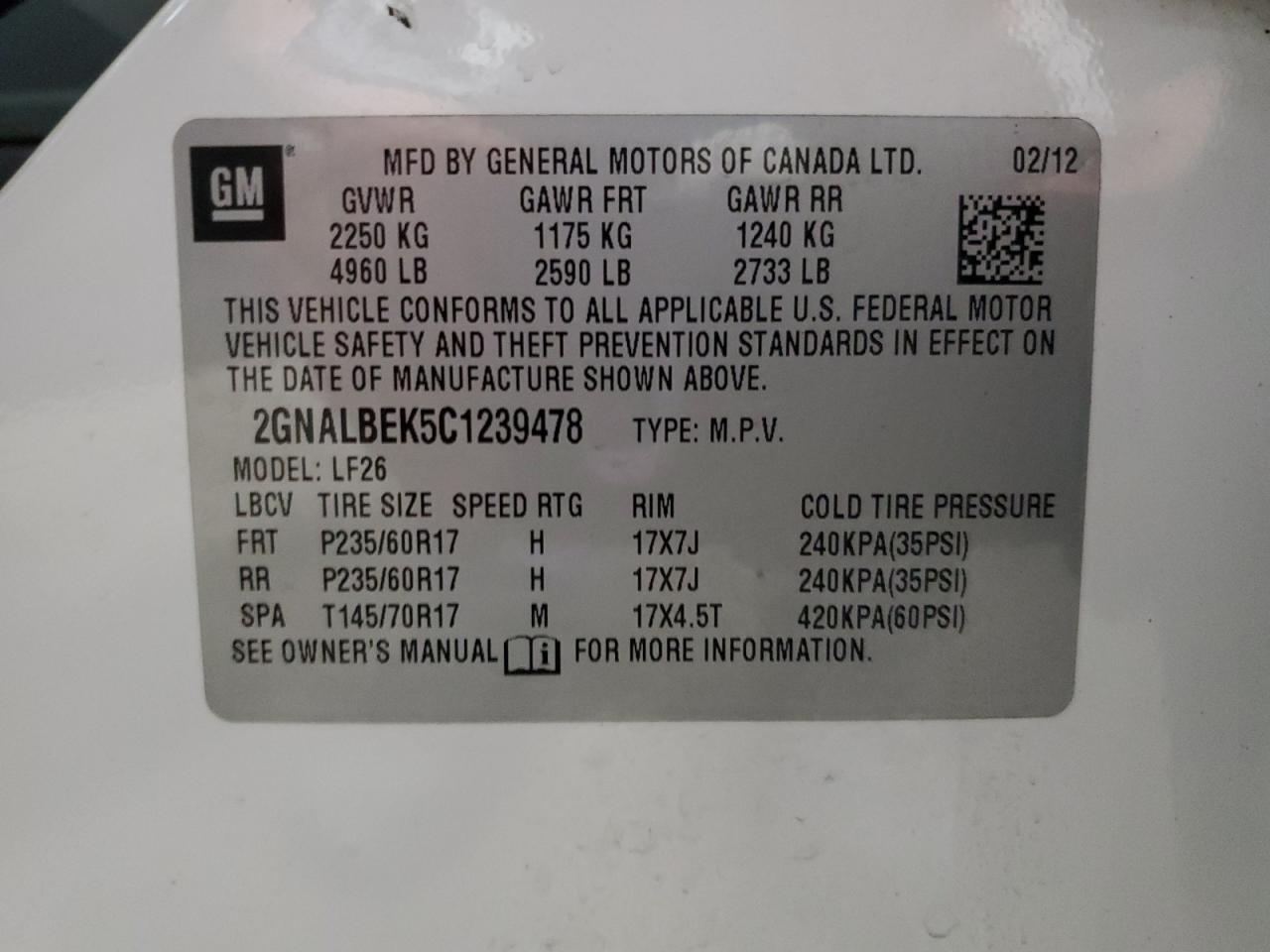 2GNALBEK5C1239478 2012 Chevrolet Equinox Ls