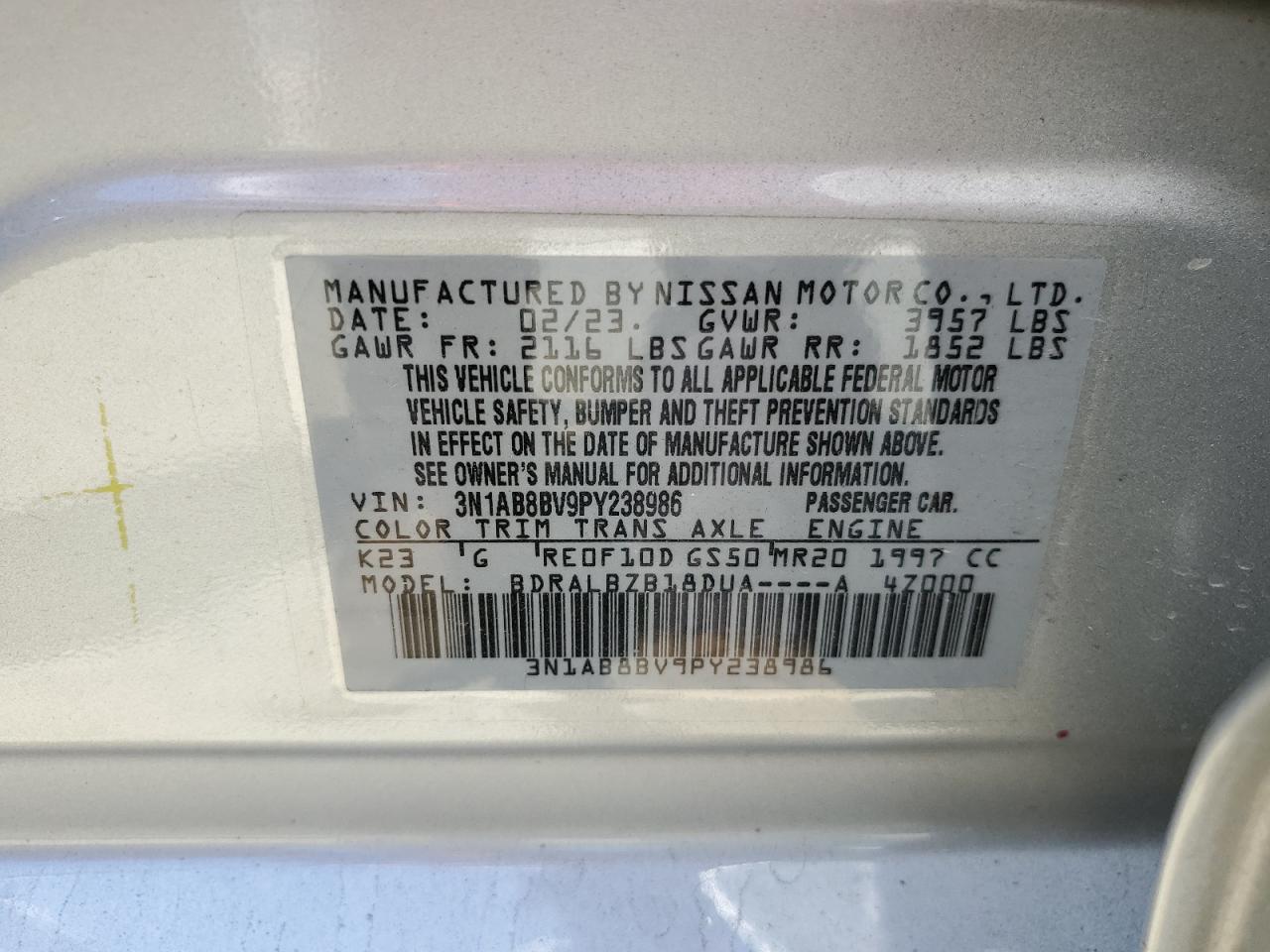 3N1AB8BV9PY238986 2023 Nissan Sentra S