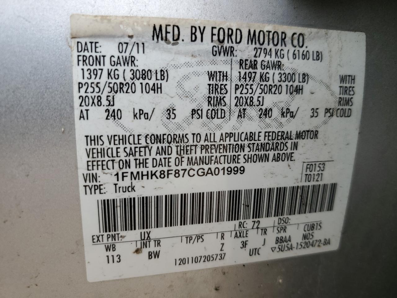 1FMHK8F87CGA01999 2012 Ford Explorer Limited