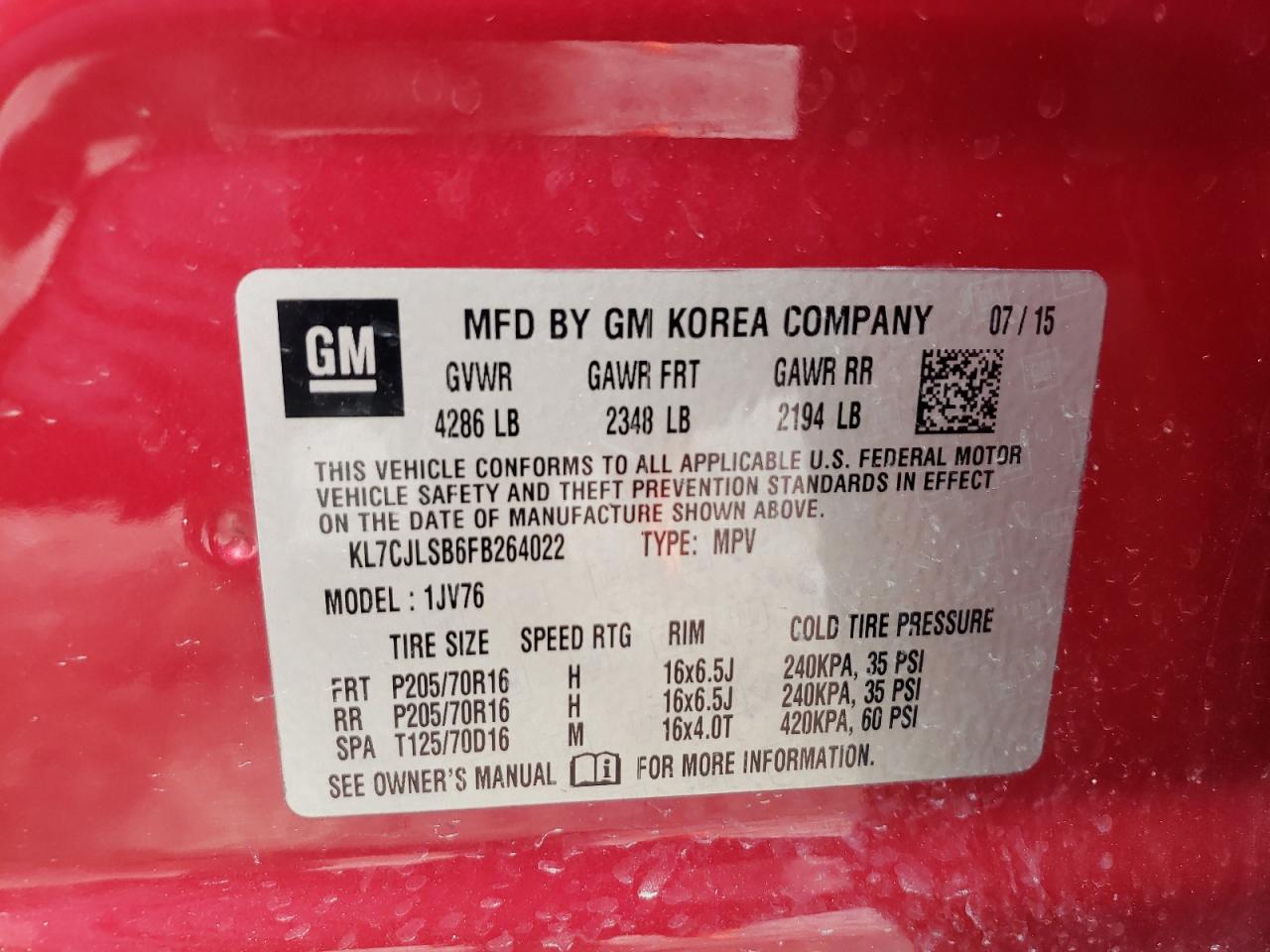 KL7CJLSB6FB264022 2015 Chevrolet Trax 1Lt