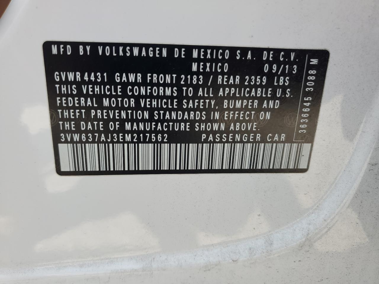 3VW637AJ3EM217562 2014 Volkswagen Jetta Hybrid