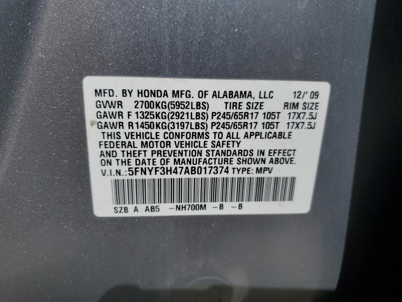 5FNYF3H47AB017374 2010 Honda Pilot Ex