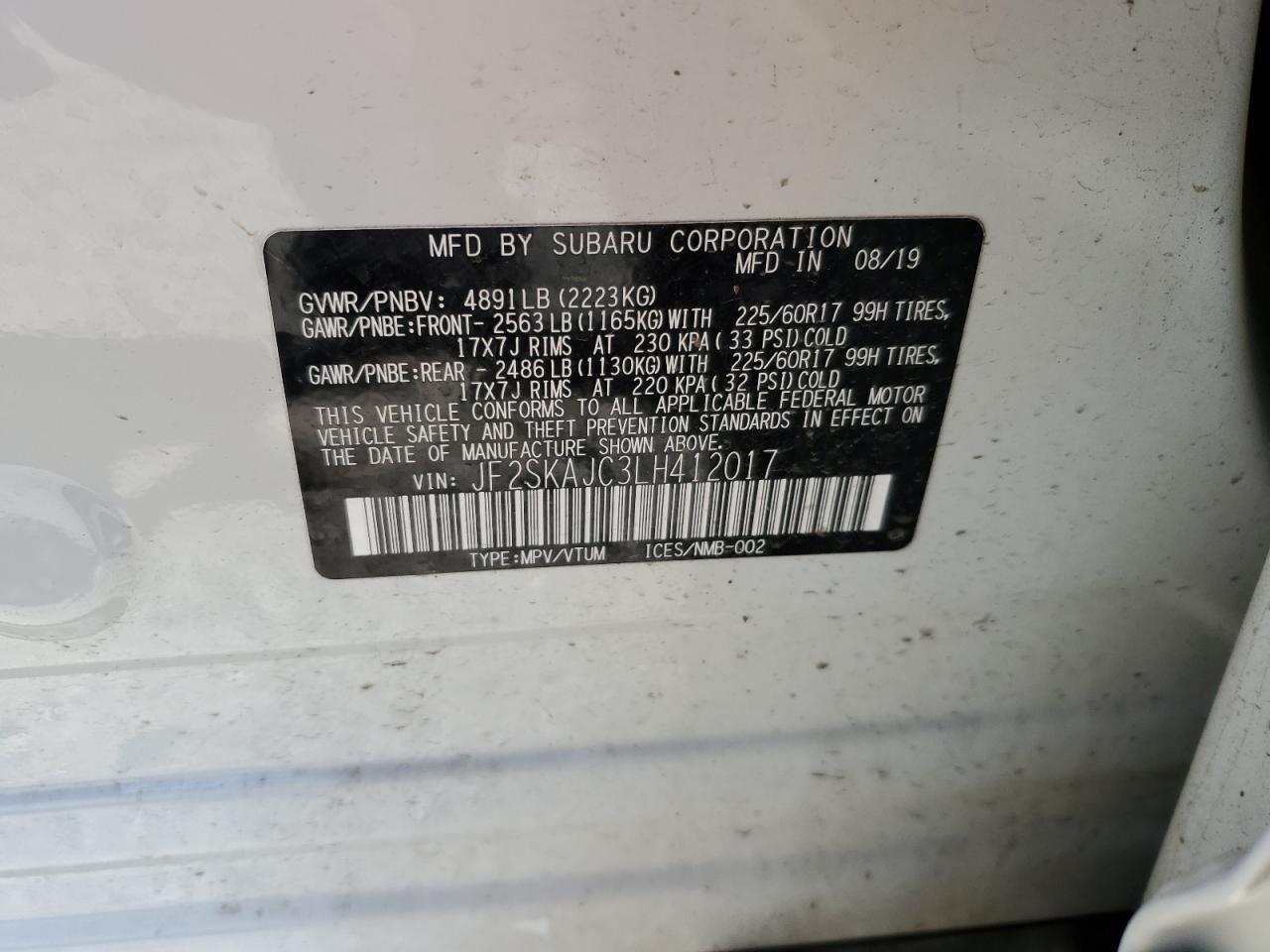 JF2SKAJC3LH412017 2020 Subaru Forester Premium