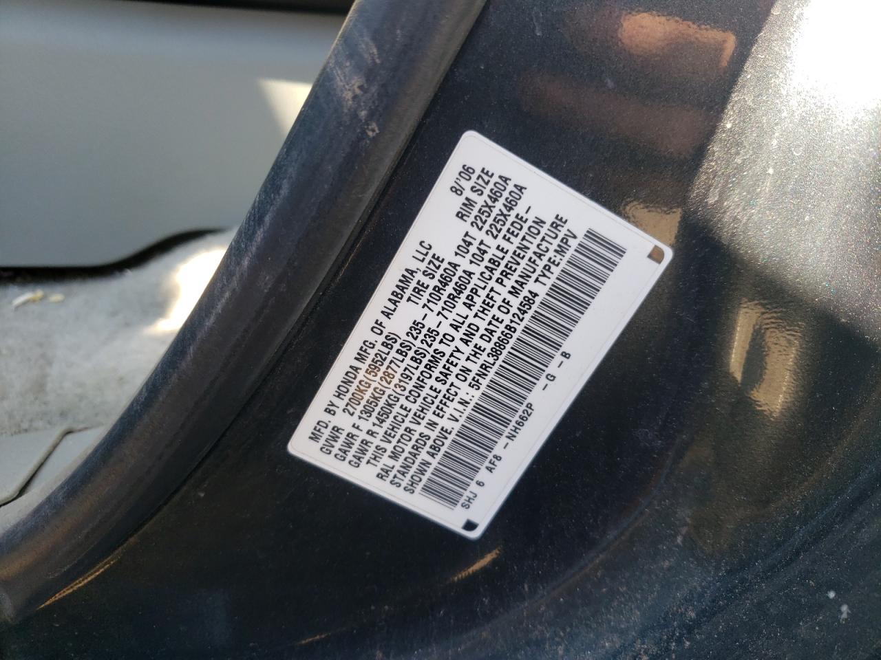 5FNRL38866B124584 2006 Honda Odyssey Touring