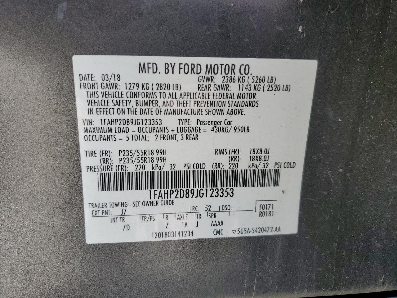 1FAHP2D89JG123353 2018 Ford Taurus Se