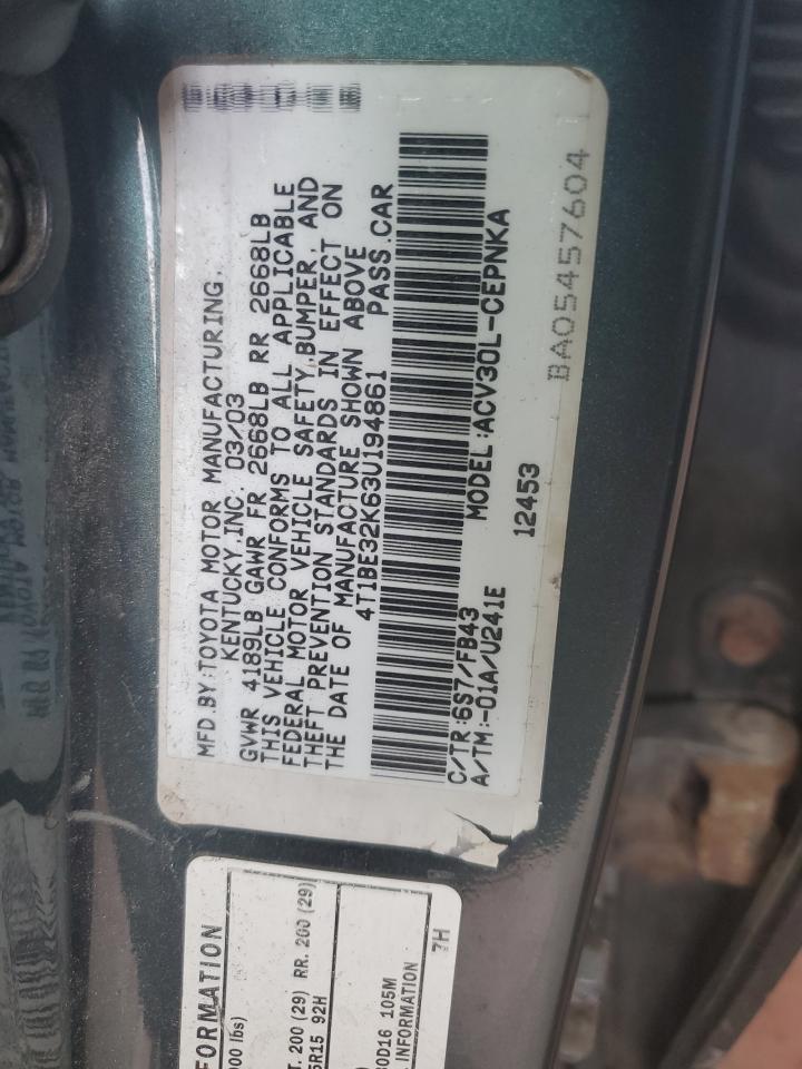 4T1BE32K63U194861 2003 Toyota Camry Le