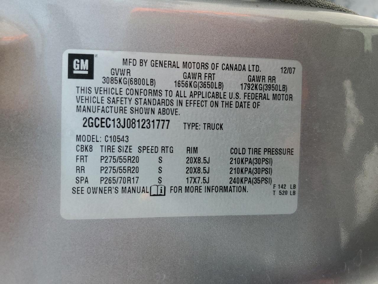 2GCEC13J081231777 2008 Chevrolet Silverado C1500