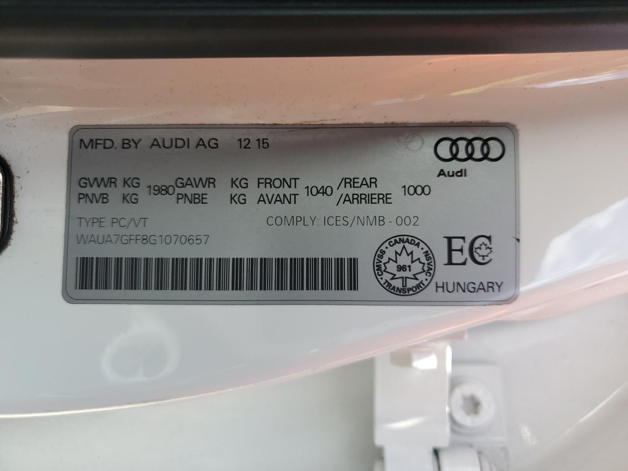 WAUA7GFF8G1070657 2016 Audi A3 Premium