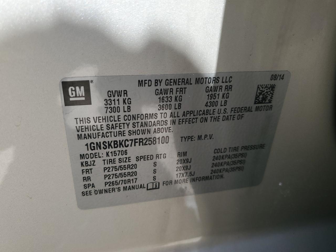 1GNSKBKC7FR258100 2015 Chevrolet Tahoe K1500 Lt