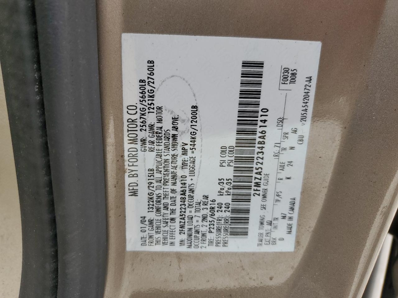 2FMZA52234BA61410 2004 Ford Freestar Sel