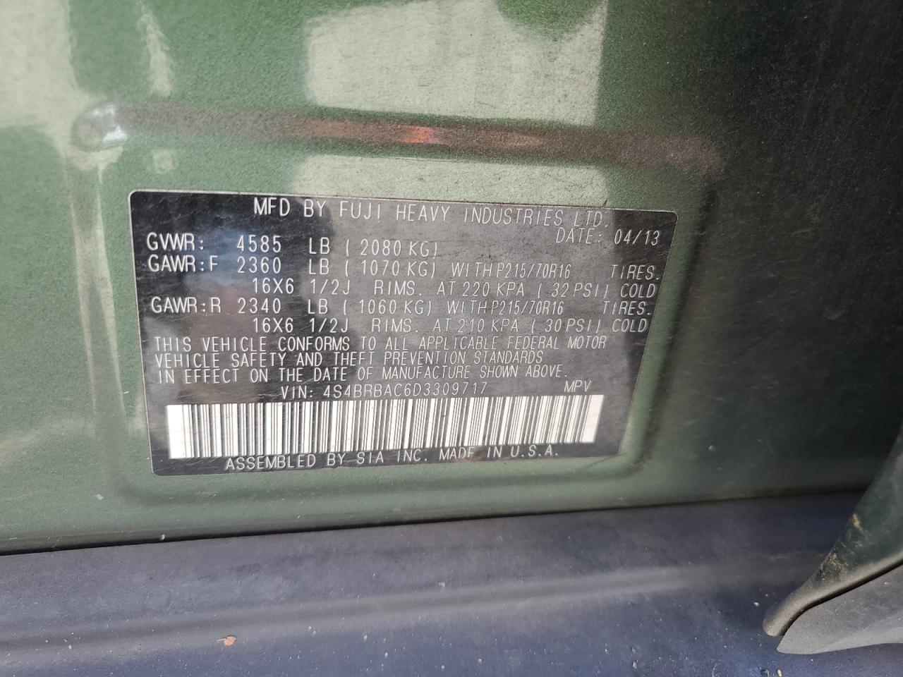 4S4BRBAC6D3309717 2013 Subaru Outback 2.5I