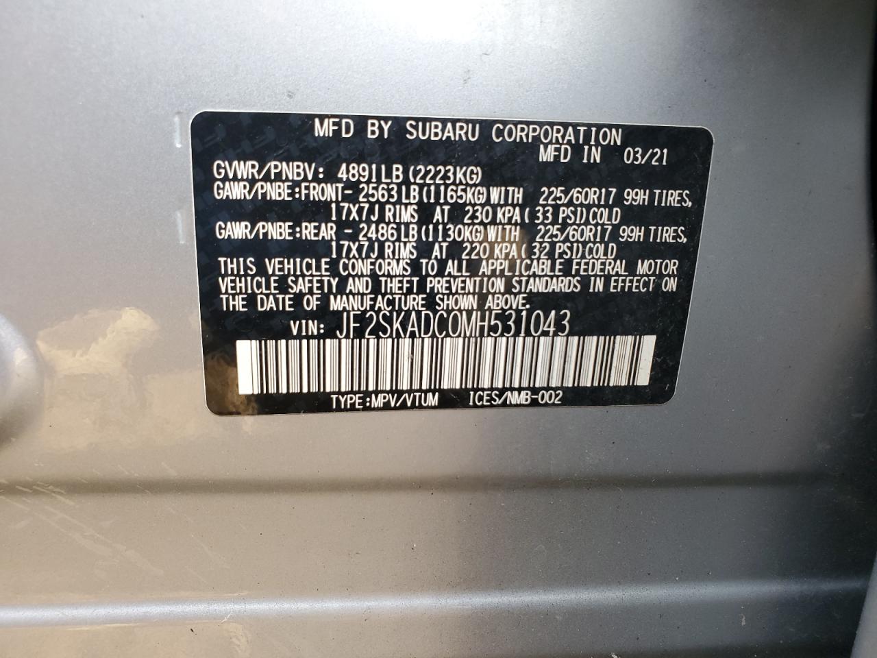 JF2SKADC0MH531043 2021 Subaru Forester