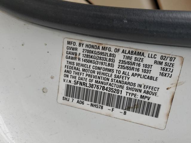 2007 Honda Odyssey Exl VIN: 5FNRL38767B435201 Lot: 60594764