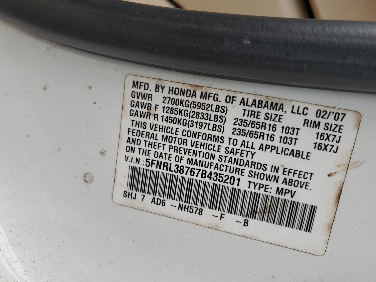 5FNRL38767B435201 2007 Honda Odyssey Exl