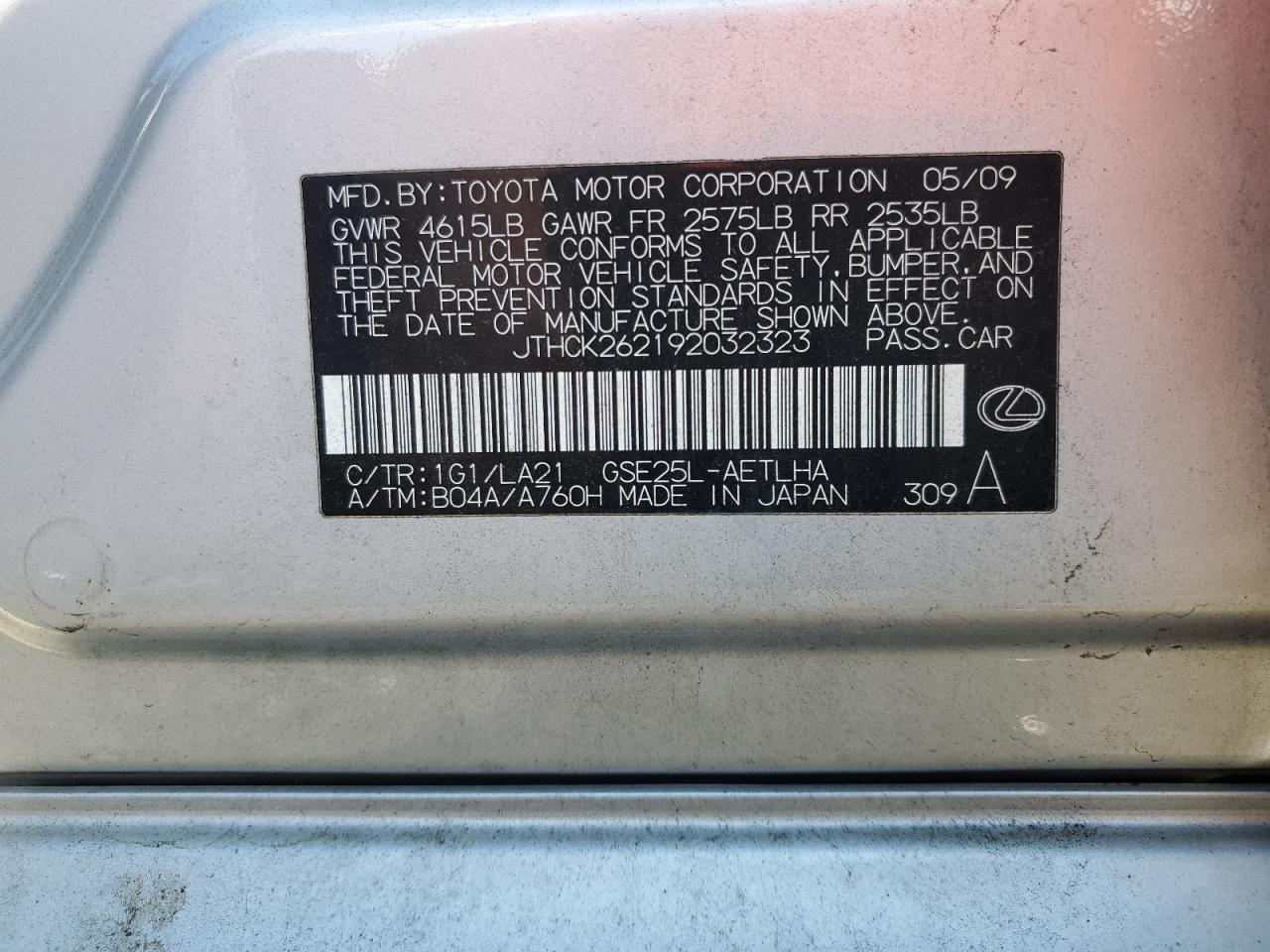 JTHCK262192032323 2009 Lexus Is 250