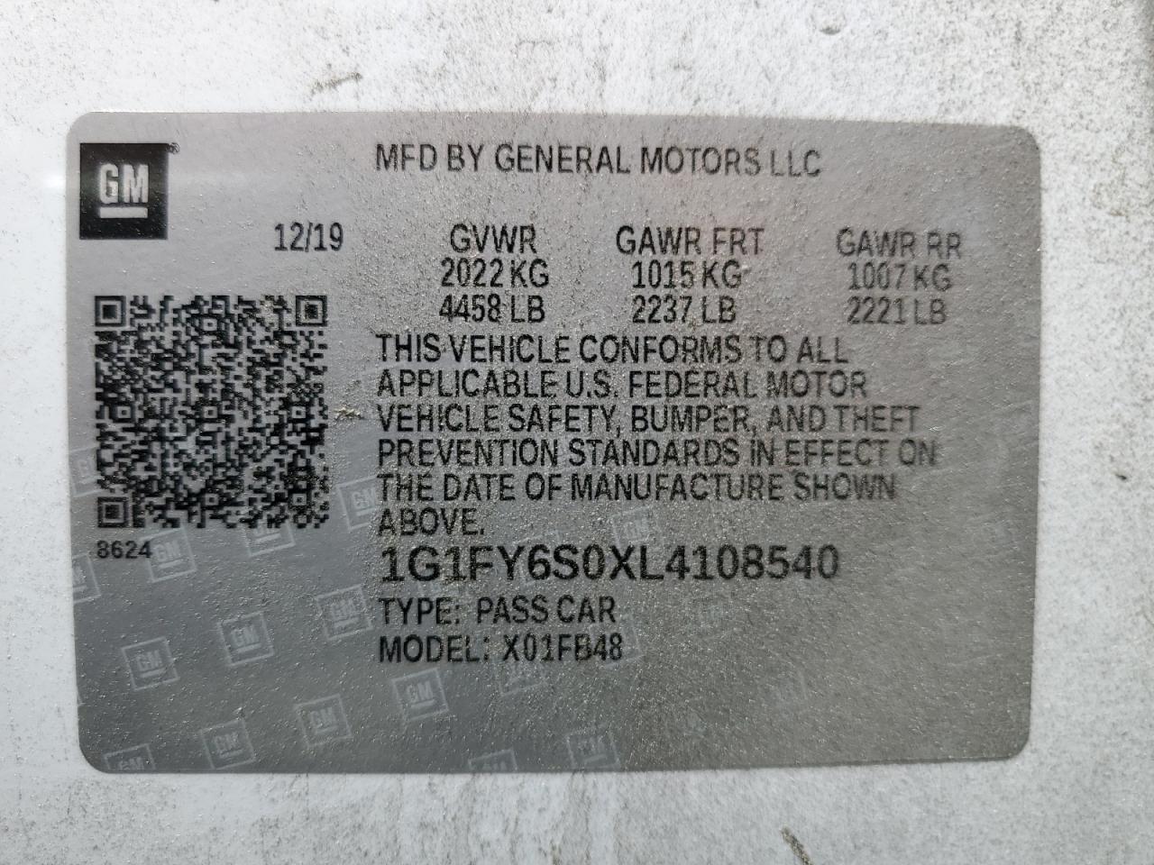 1G1FY6S0XL4108540 2020 Chevrolet Bolt Ev Lt