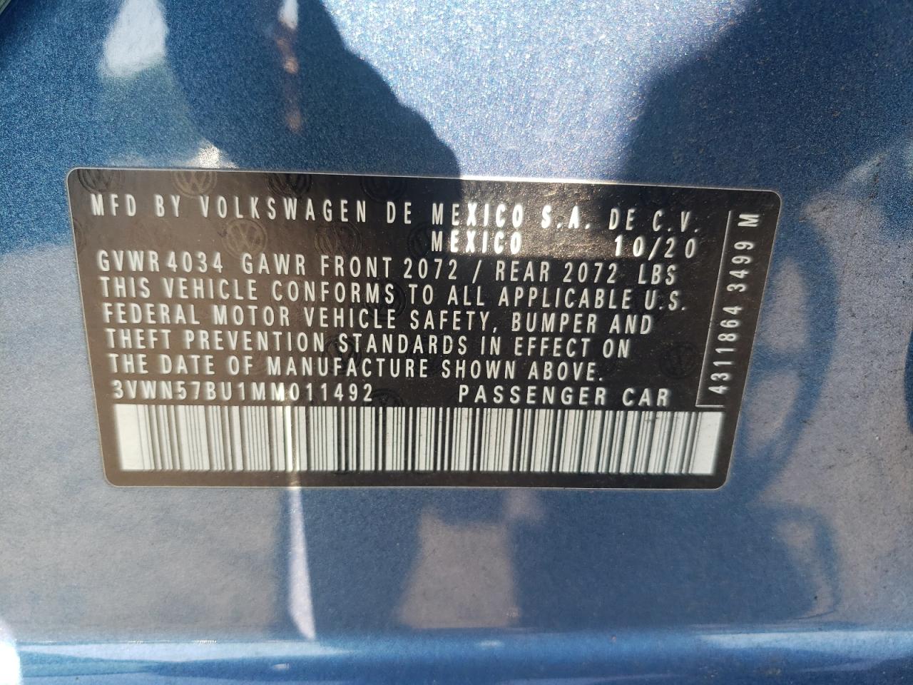 3VWN57BU1MM011492 2021 Volkswagen Jetta S