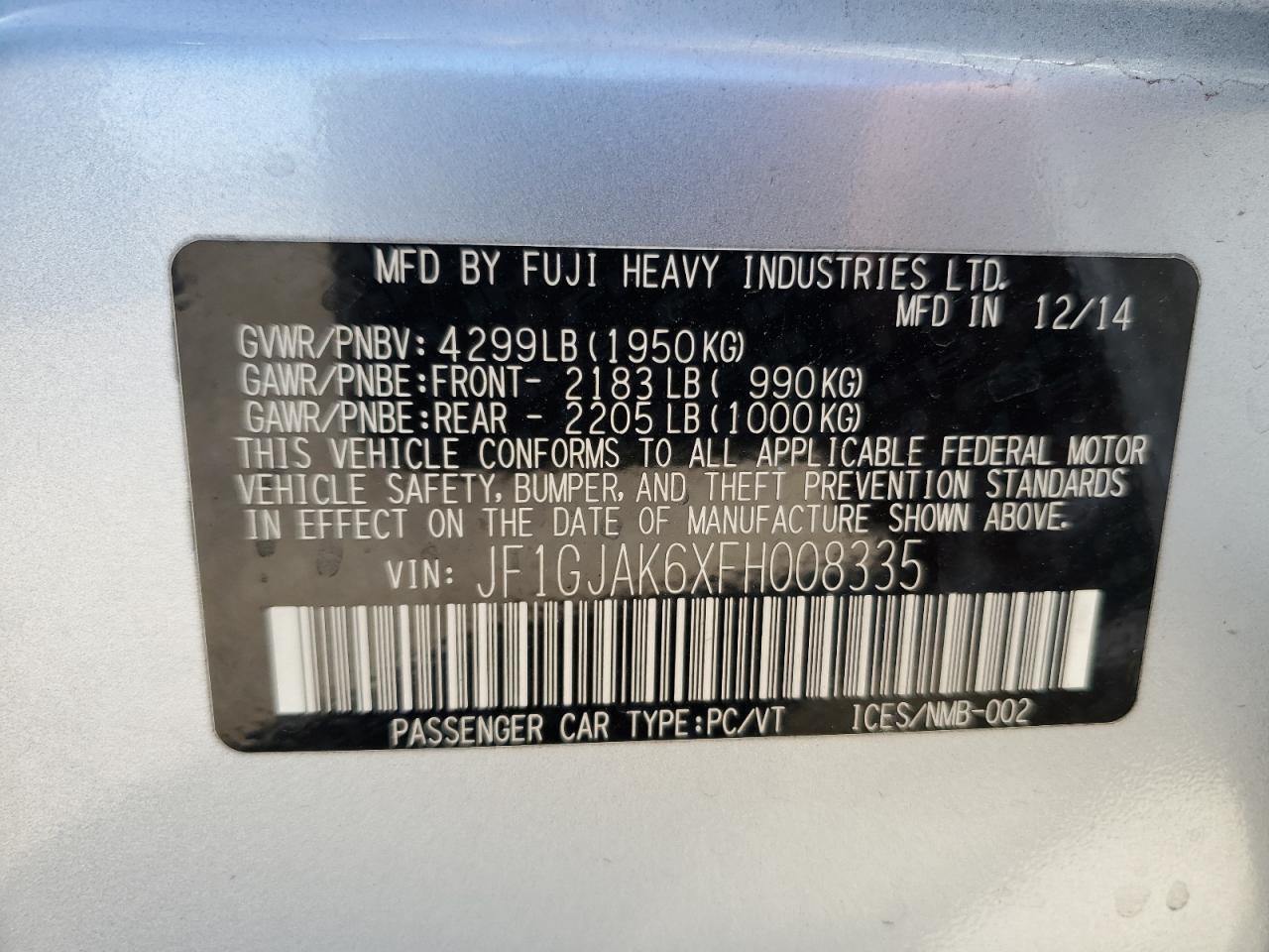 JF1GJAK6XFH008335 2015 Subaru Impreza Premium Plus