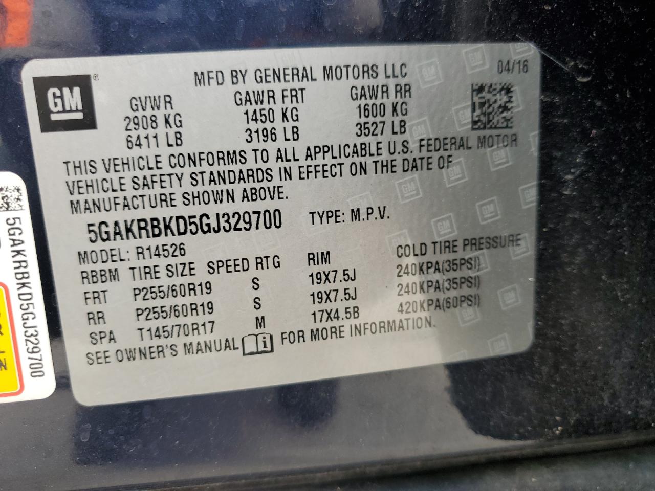 5GAKRBKD5GJ329700 2016 Buick Enclave