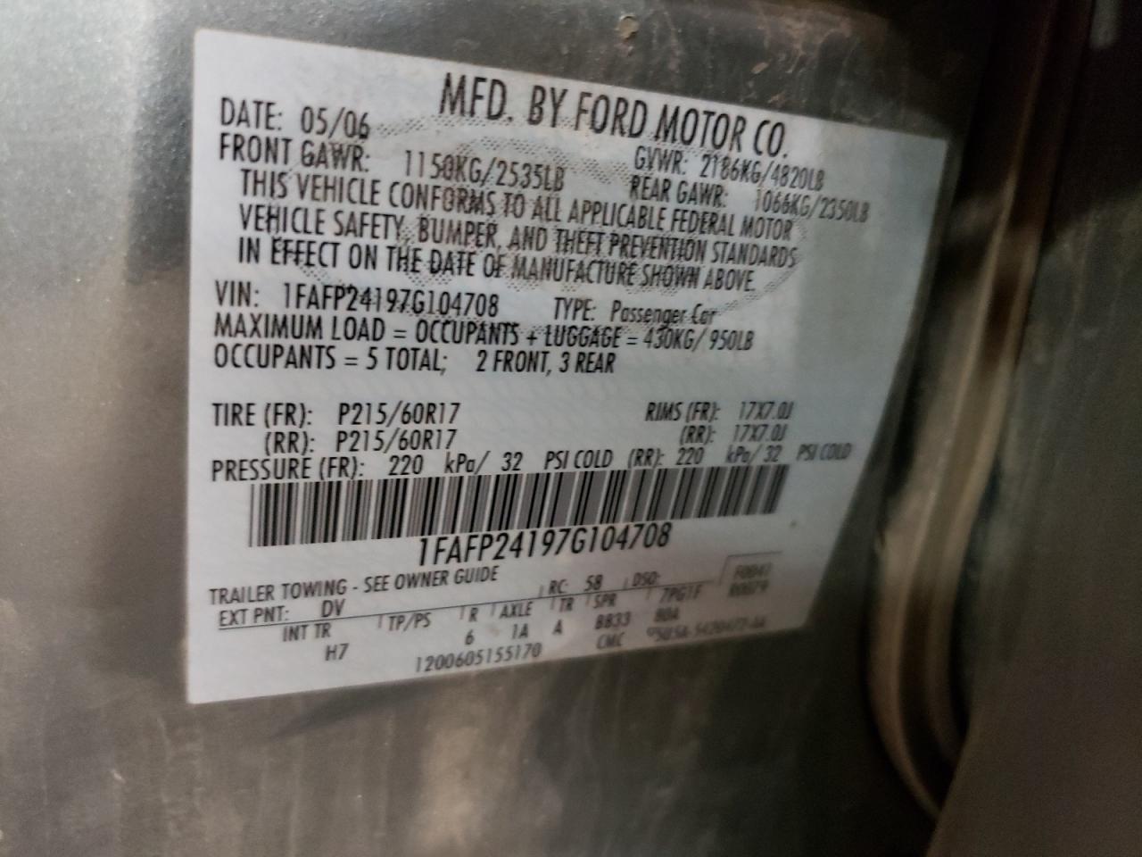 1FAFP24197G104708 2007 Ford Five Hundred Sel