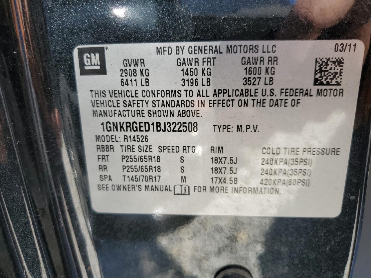 1GNKRGED1BJ322508 2011 Chevrolet Traverse Lt