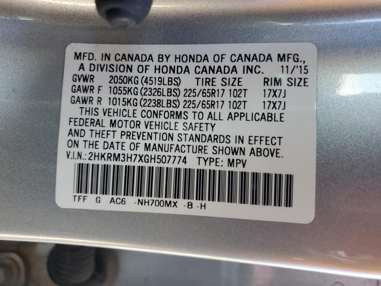 2HKRM3H7XGH507774 2016 Honda Cr-V Exl